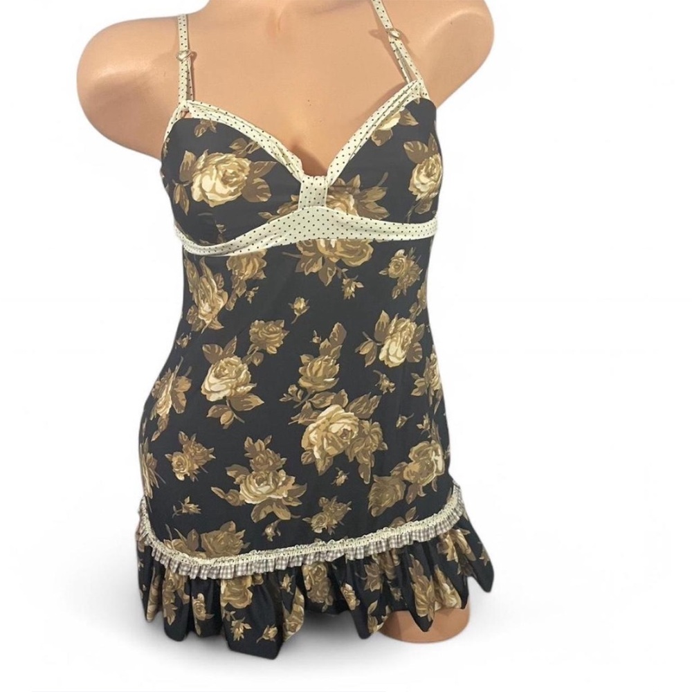 Betsey Johnson Black and Gold Floral Chemise Swim Coverup Slip Retro Vtg M - Picture 2 of 7